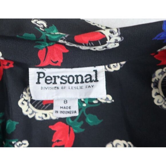 VINTAGE PERSONAL LESLIE FAY - BLACK MIRROR ROSE PRINT TOP (8) & SKIRT (10) SET - Picture 5 of 10